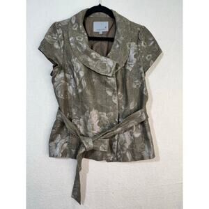 Classiques Entier Cap Sleeve Floral Taupe Linen Belted Blazer Shirt Size Large